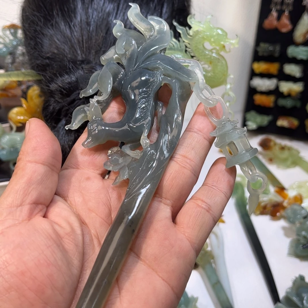 蛇纹石玉发簪合金萌*爱