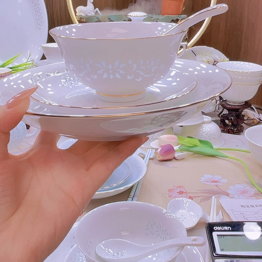 瓷景德镇餐具玲珑白色套装