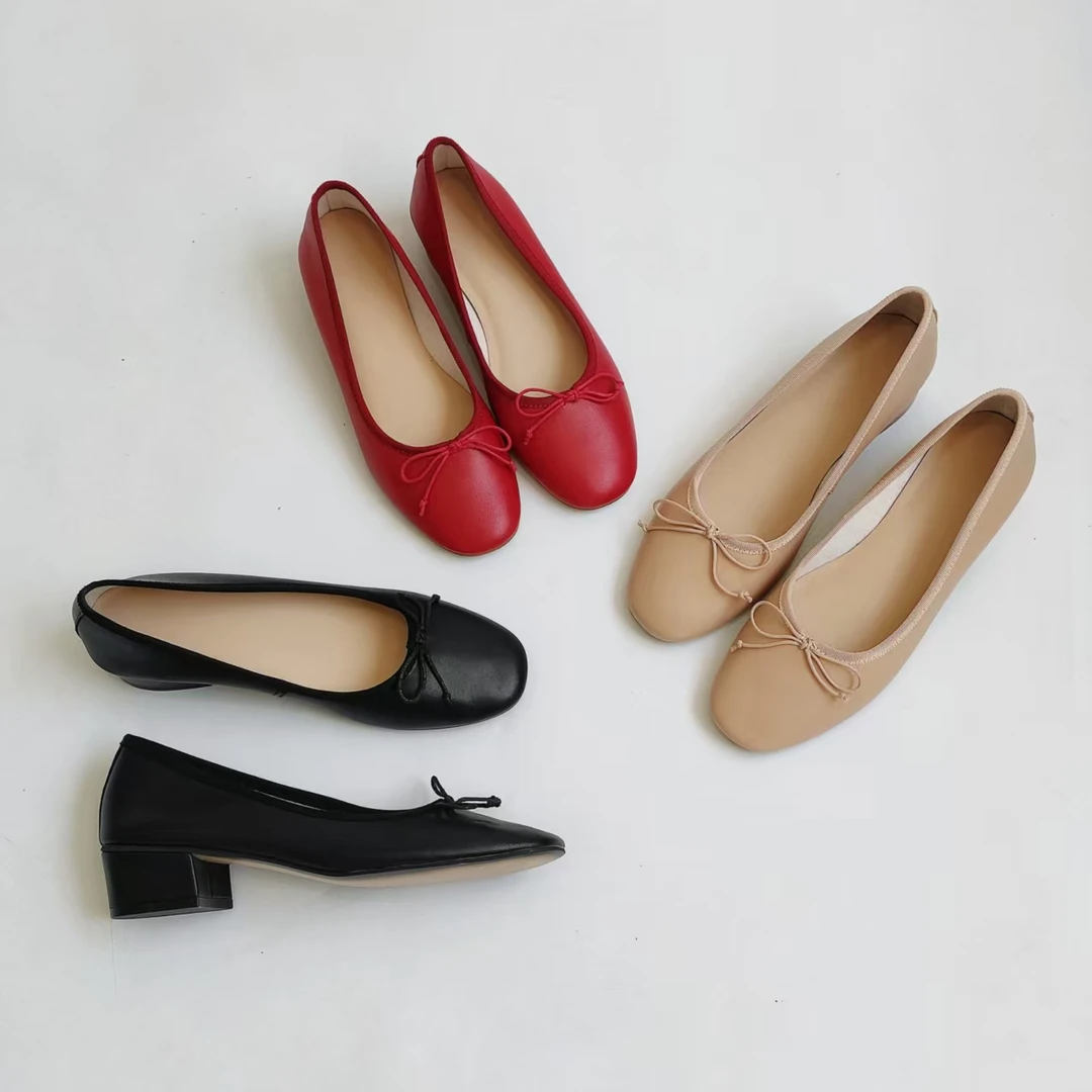 幕林娜 圆头芭蕾风女鞋子中跟通勤单鞋真皮女鞋50520