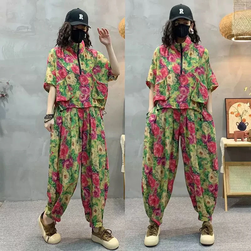 印花2025新款时尚洋气哈伦裤套装宽松短袖上衣两件套休闲女小衫