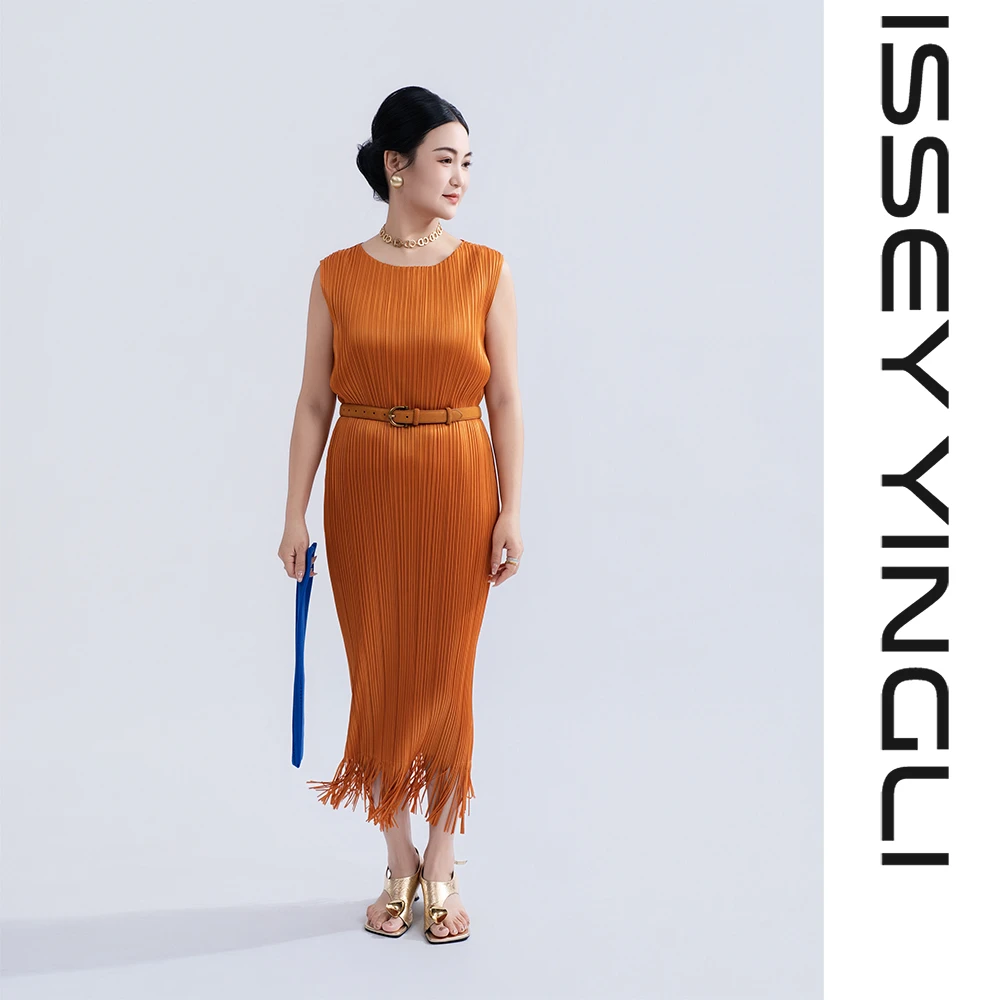 莉褶褶皱新款JH454无袖女士气质百搭流苏连衣裙3095