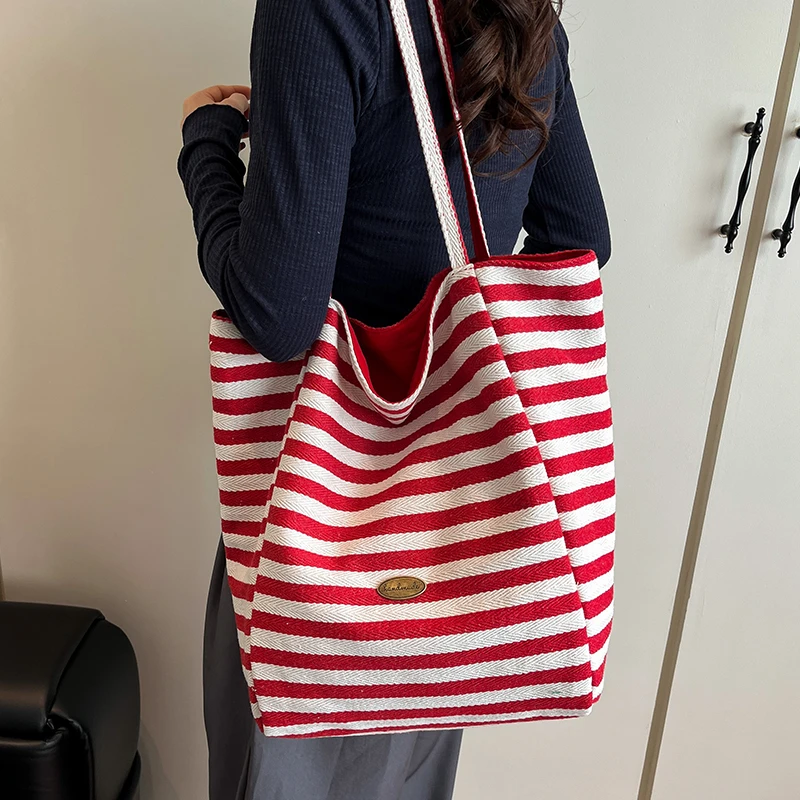 格子大容量条纹帆布包包女2025新款文艺托特包度假风单肩托特包