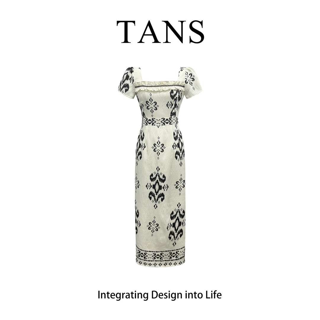 现货 TANS【夏季新品】法式方领高端气质感长款收腰连衣裙女夏季