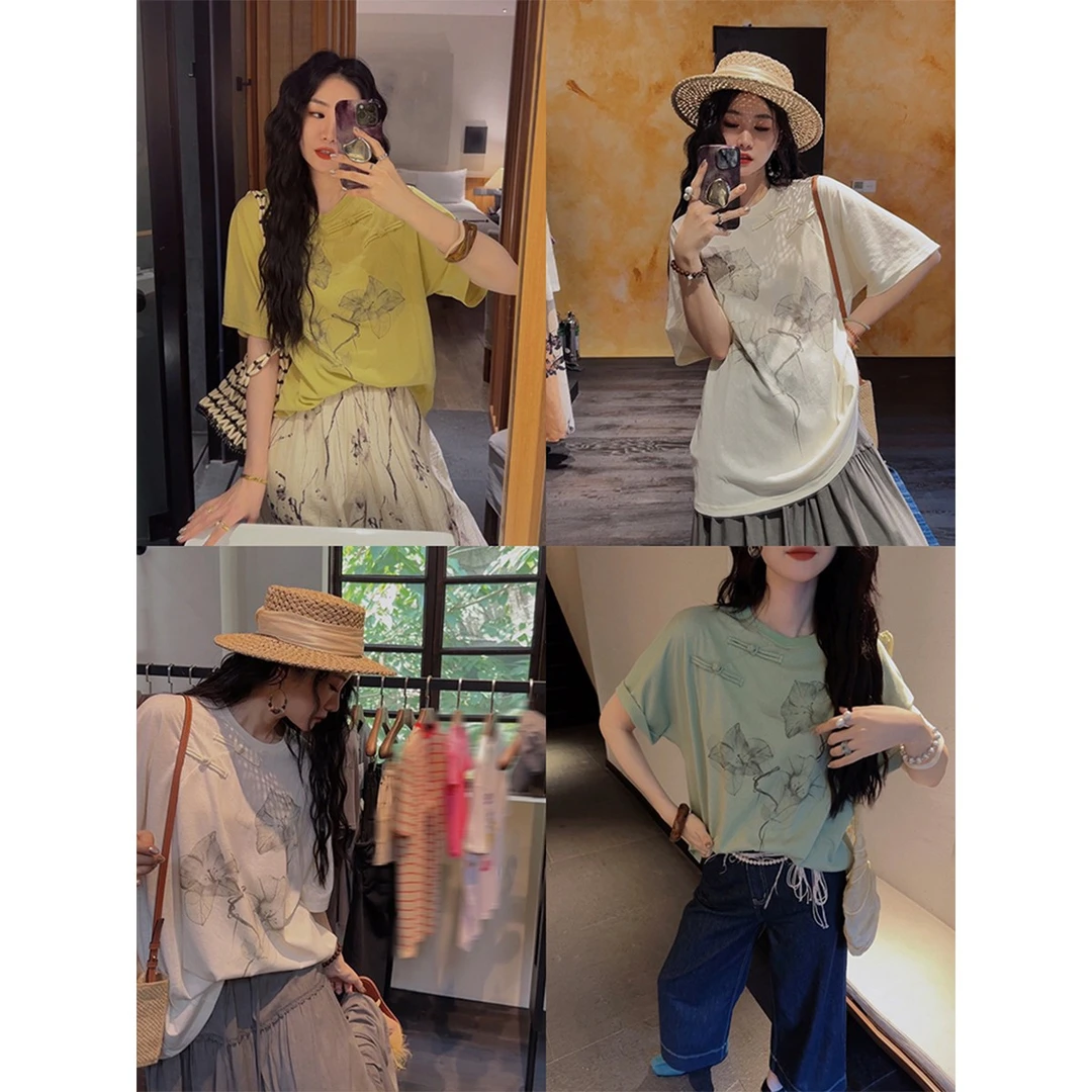 【云c的专属】三吉黑花【幽兰梦】新中式国风短袖女T恤夏今年流行上衣