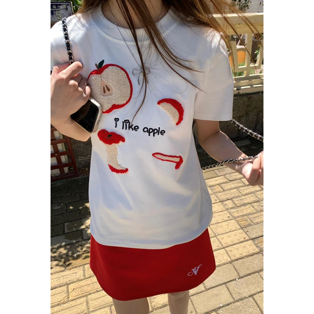 孟婆家【苹苹安安】chency原！超重工！苹果毛巾绣正肩短袖上衣～