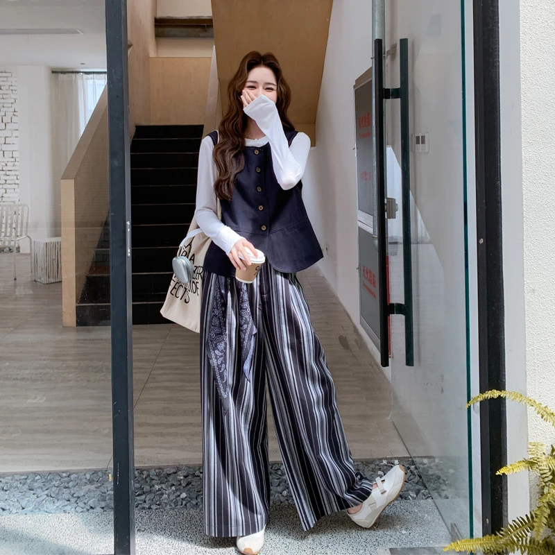 松弛感ins风马甲T恤竖条纹阔腿裤2025春秋新款韩系慵懒风三件套
