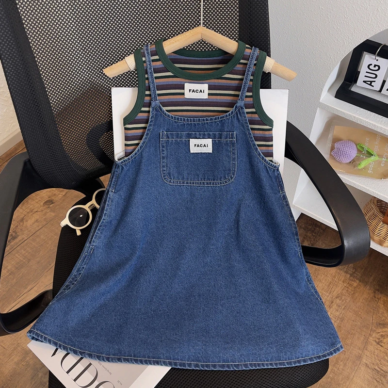 2025女童夏季套新款洋气薄款牛仔背带裙条纹无袖背心两件套