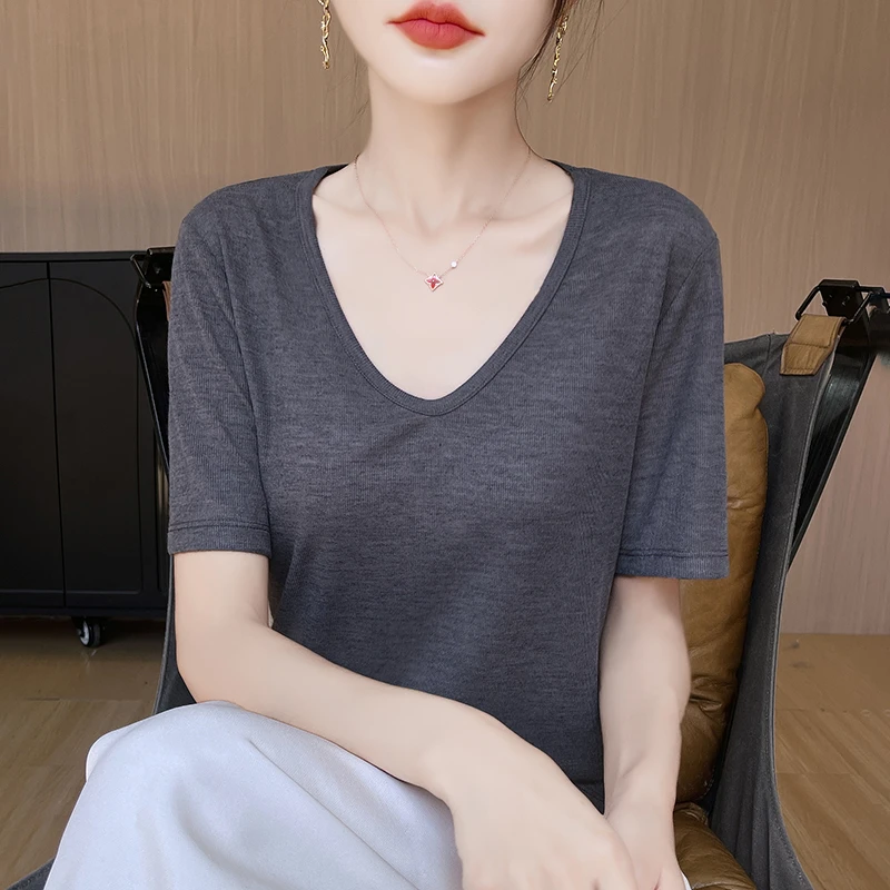 【面膜TV领】夏季新款莱赛尔薄款V领短袖T恤女百搭显瘦半袖上衣