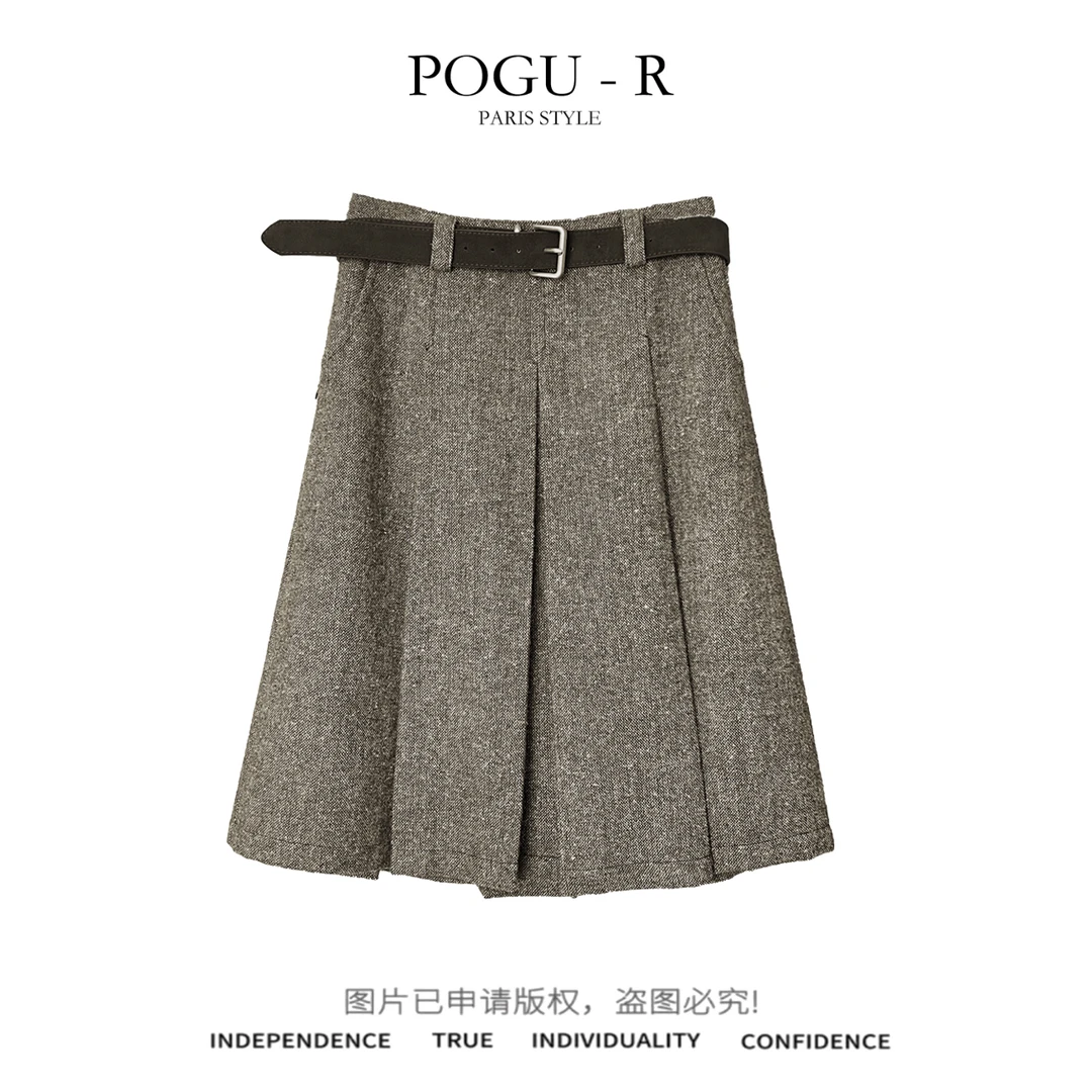 【PoGu】秋冬羊毛A字百褶毛呢半身裙送皮带BSQ-975