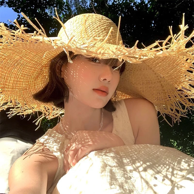 大沿帽女夏天出游度假风草草帽大帽檐遮阳防晒毛边气质沙滩帽帽子