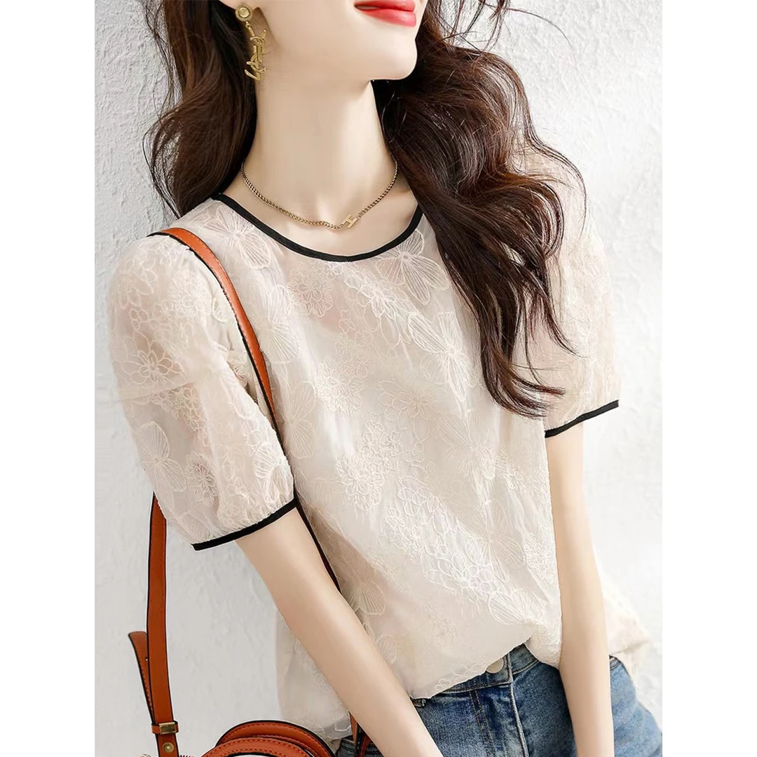 短袖夏季新款百搭宽松雪纺衫时尚气质显瘦甜美雪纺设计上衣小众