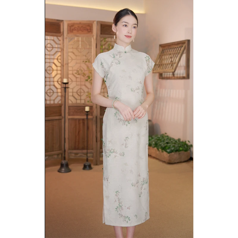 【柳清风】良辰媄锦全开襟单层短袖夏季中长款旗袍衣长约123CM