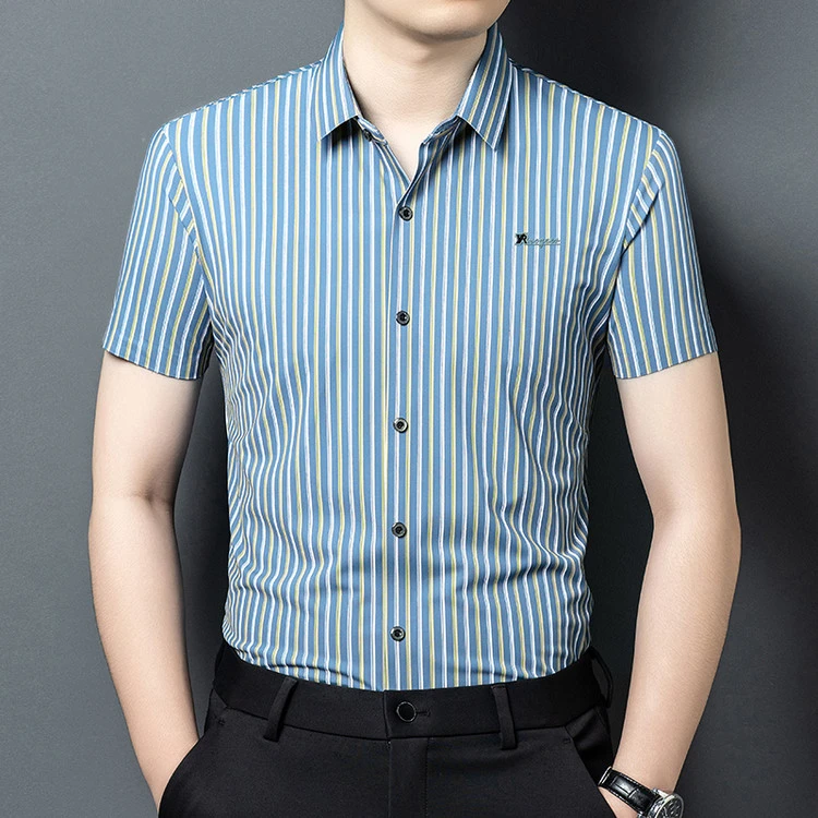 短袖条纹夏季夏季免烫竖条纹衬衫薄款修身中青年帅气男款服装专卖