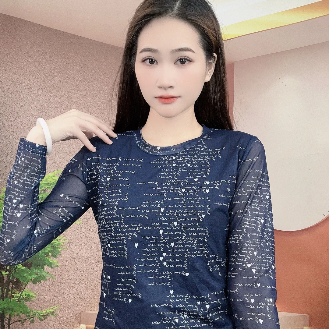 2025夏季新款长袖圆领肌肤纱时尚显瘦印花T恤上衣A239