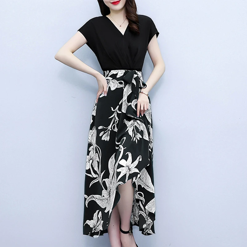 2025新款绝美印花拼接不规则裙摆连衣裙夏季女御姐风优雅显瘦