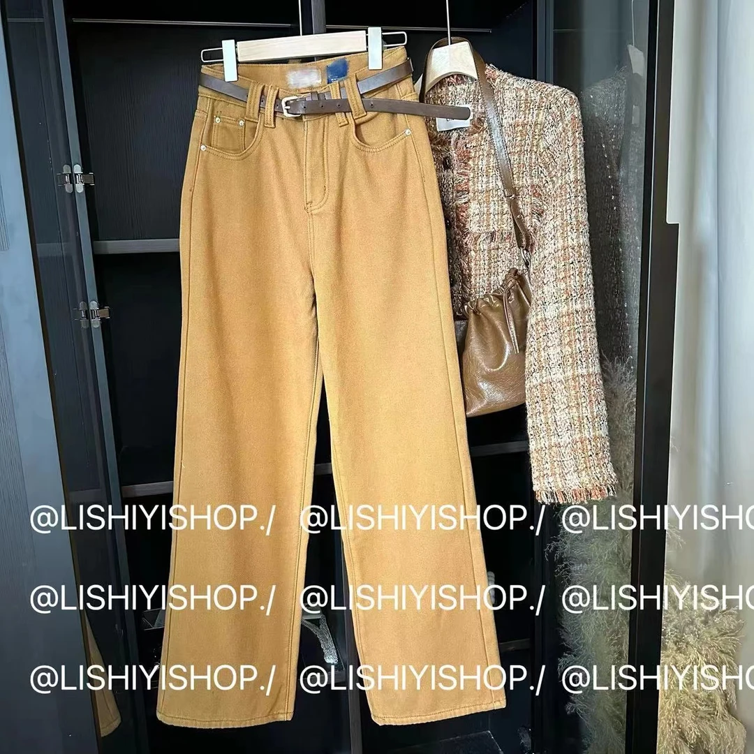 【加绒牛仔】高腰加厚复合绒直筒裤拖地裤 配腰带3603