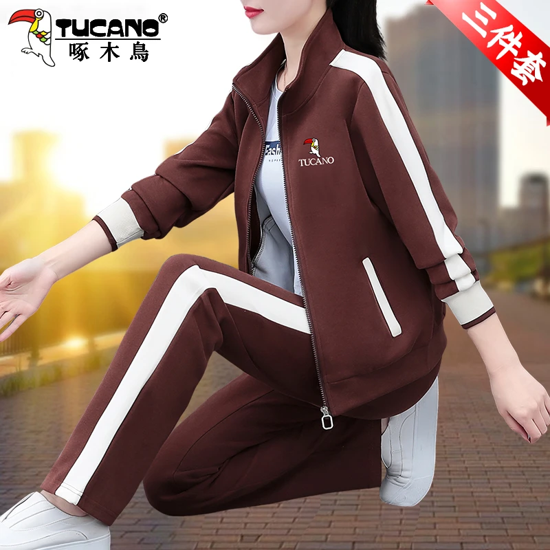啄木鸟品牌运动套装女新款春秋中年妈妈休闲开衫卫衣三件套
