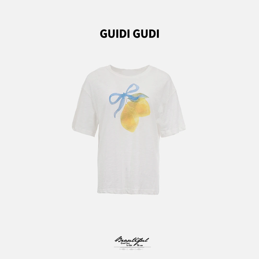 GUIDI GUDI【柠檬T】气质重工休闲短袖T恤 /黄加蓝