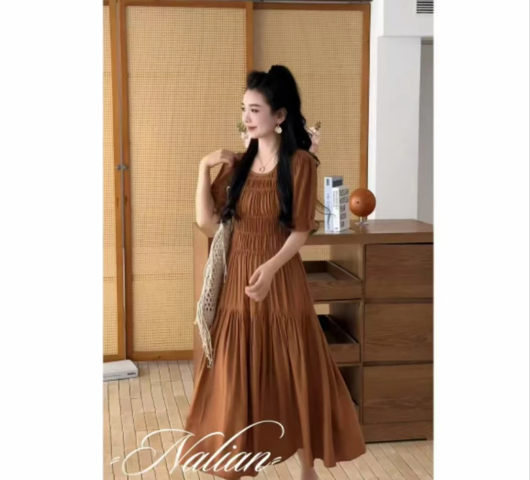 F112 法式中长裙大码连衣裙夏2025新款时尚中长款收腰显瘦洋气