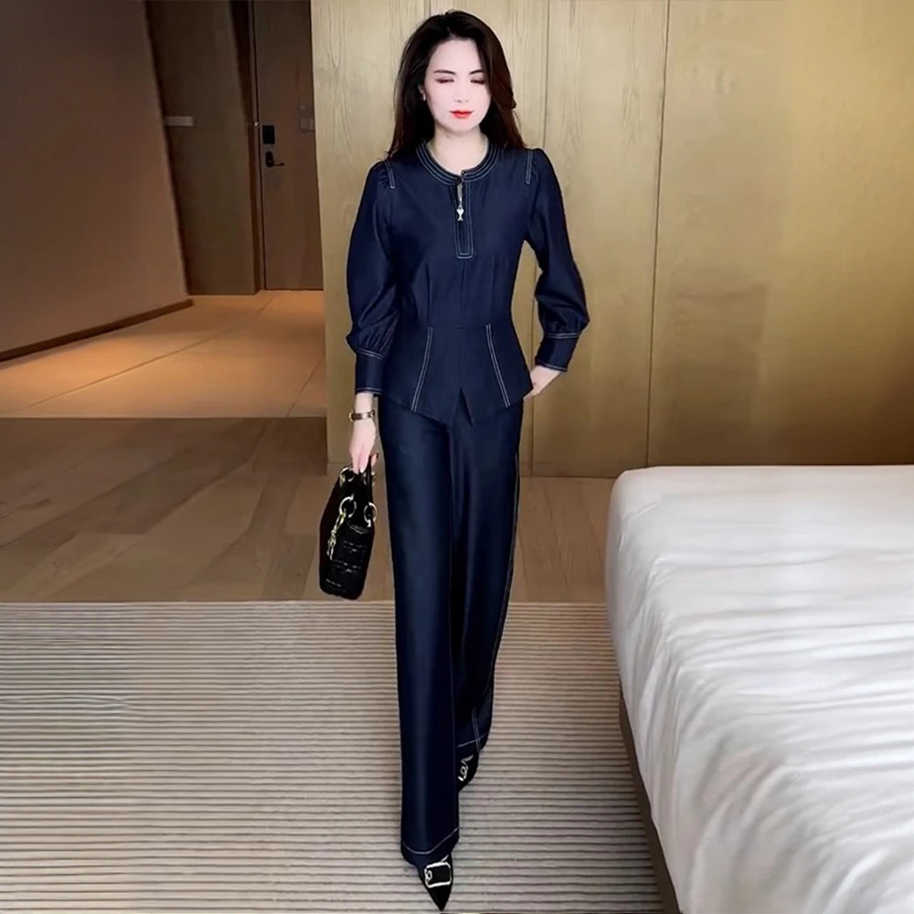 时尚牛仔套装女春秋季2025新款时髦洋气减龄上衣阔腿裤显瘦两件套