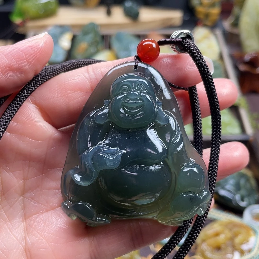 蛇纹石玉颈饰未镶嵌亭*?花玉蓝水手工笑佛