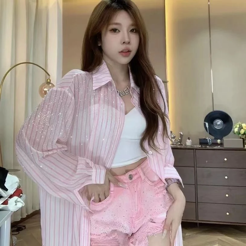 网红满天星烫钻防晒衬衫女2023夏季新款时尚气质宽松显瘦百搭上衣