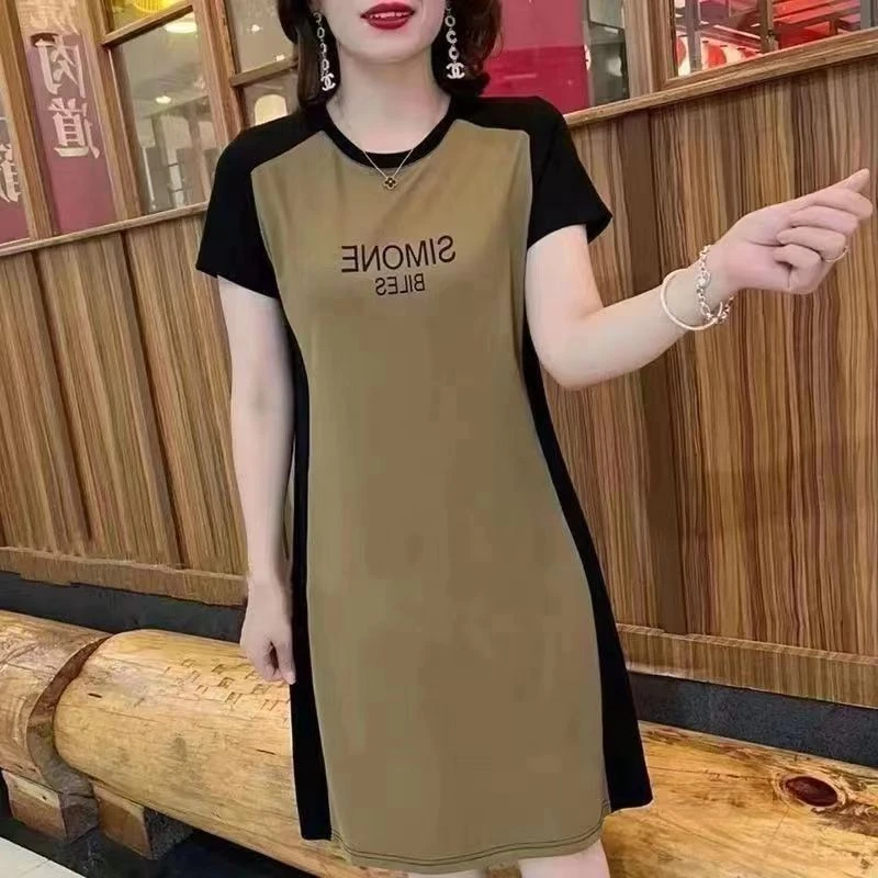 套头2025夏季新款时尚圆领印花拼色字母休闲连衣裙女夏季时尚冰丝