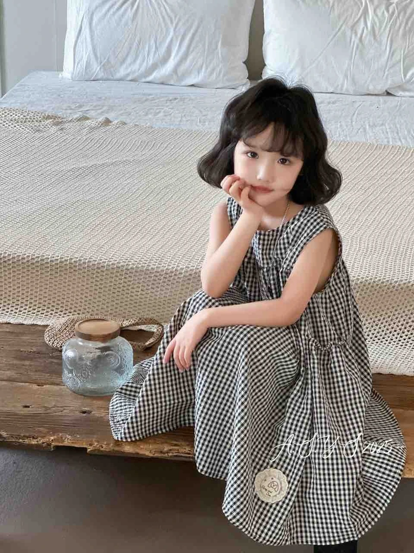 2025夏季新款女童中大童洋气时尚小狗贴布格子连衣裙-625072
