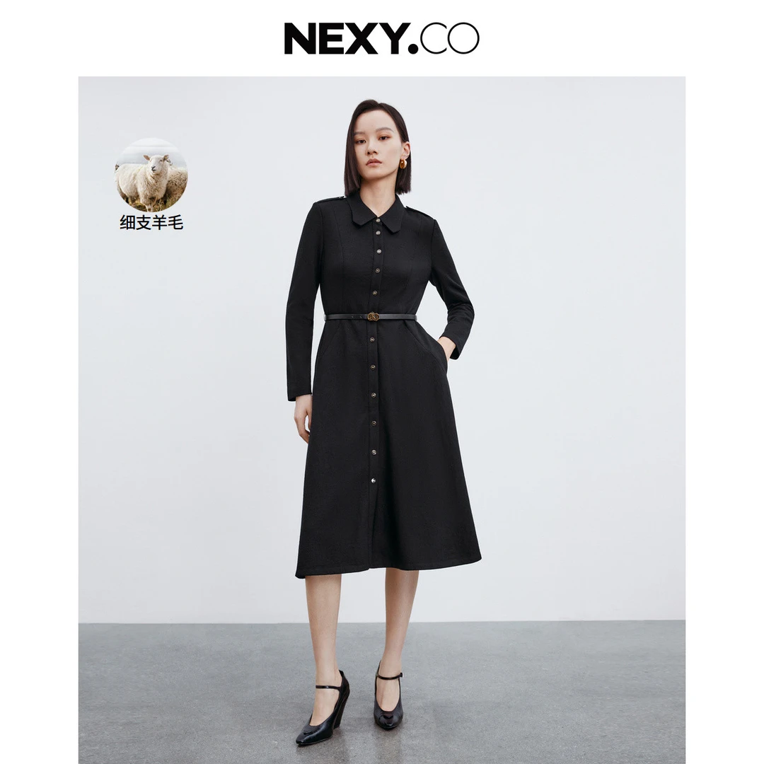 【羊羊专属】【绵羊毛】气质纯色单排扣长袖衬衫裙女XF05588W0