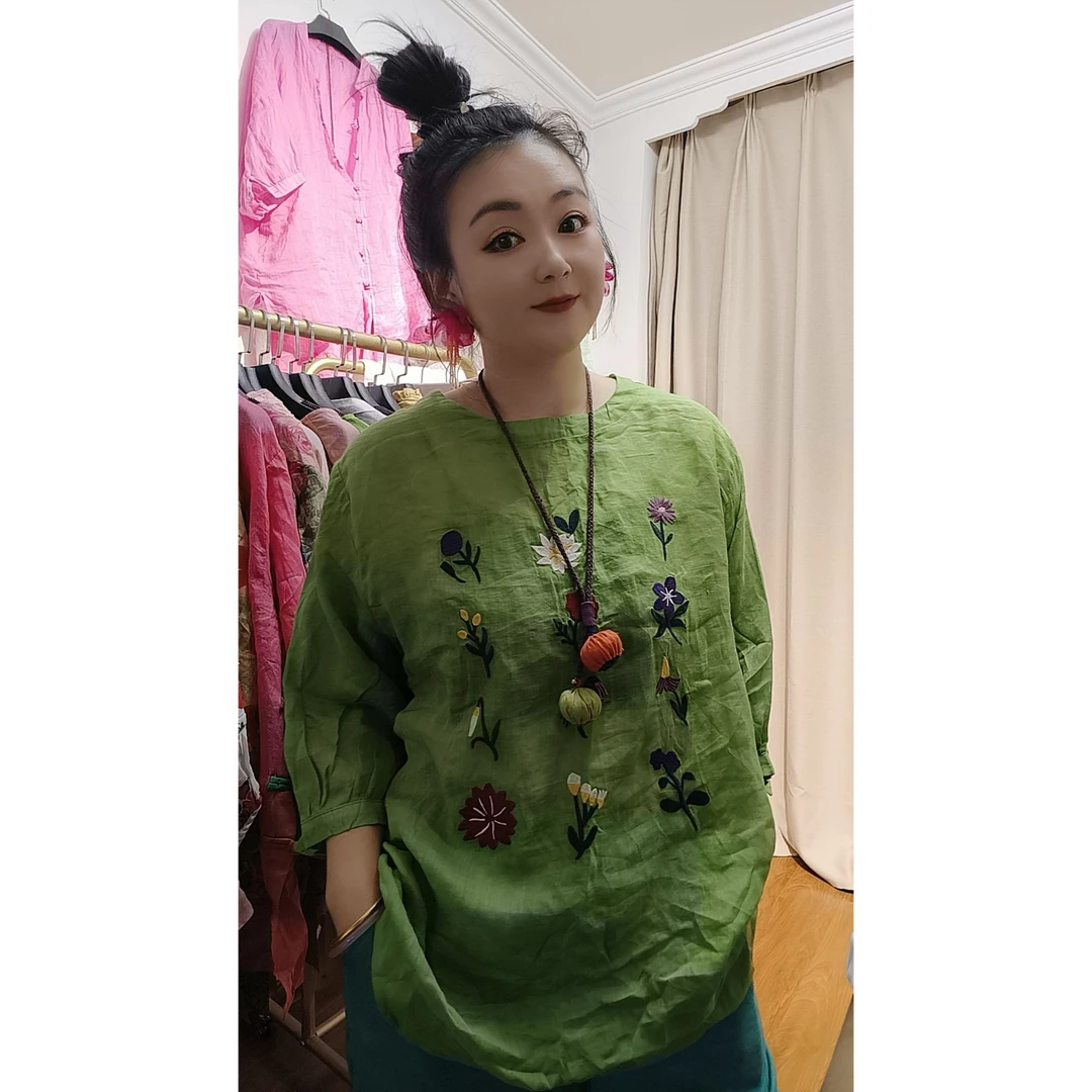 2025夏季新款苎麻麻上衣   糖果色七分袖