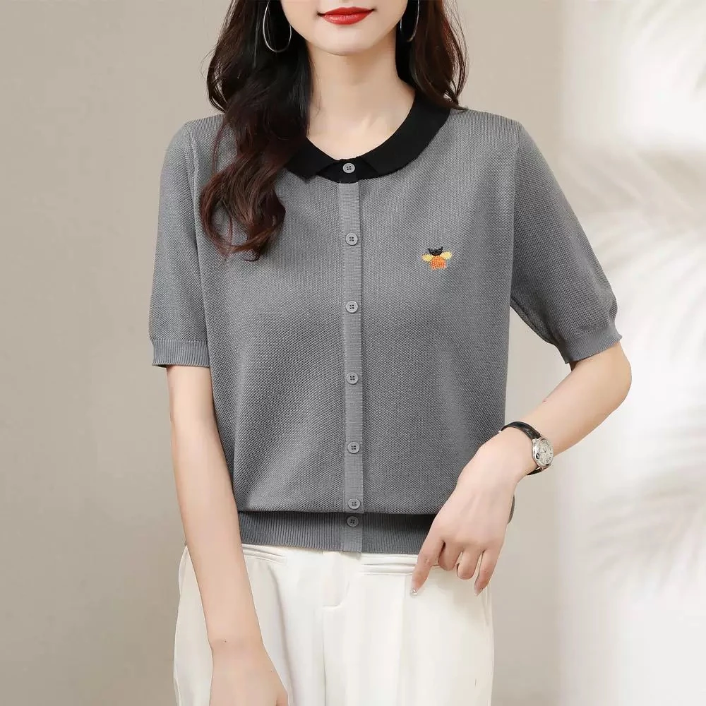 时尚洋气宽松蜜蜂刺绣薄款拼色翻领针织短袖开衫女针织衫上衣
