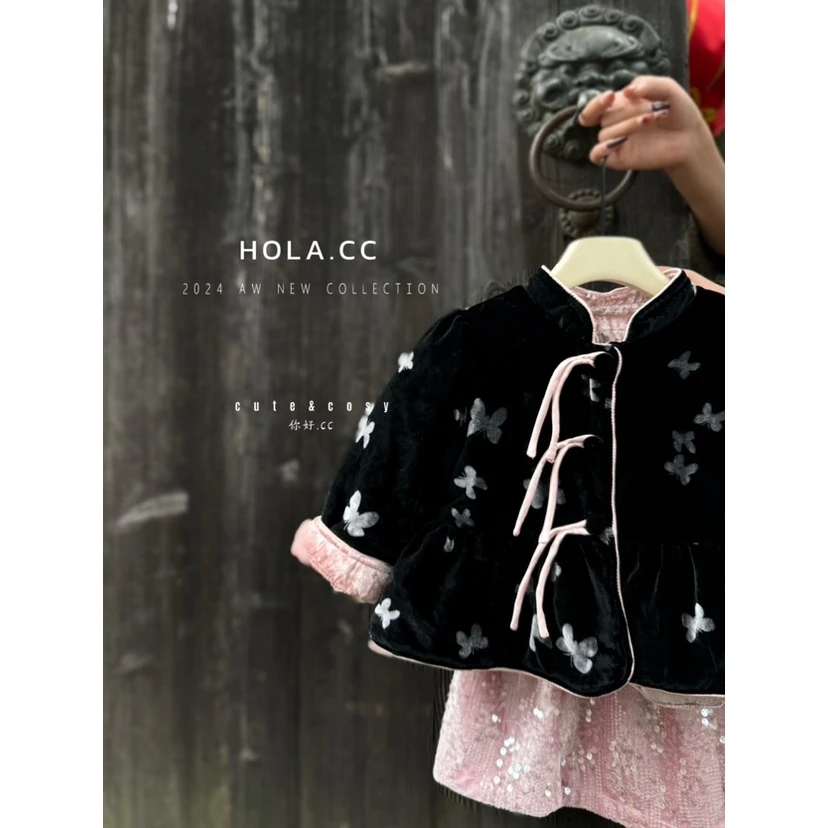 HLCC-8733-儿童洋气时尚百搭蝴蝶结丝绒棉衣套装（冬款）