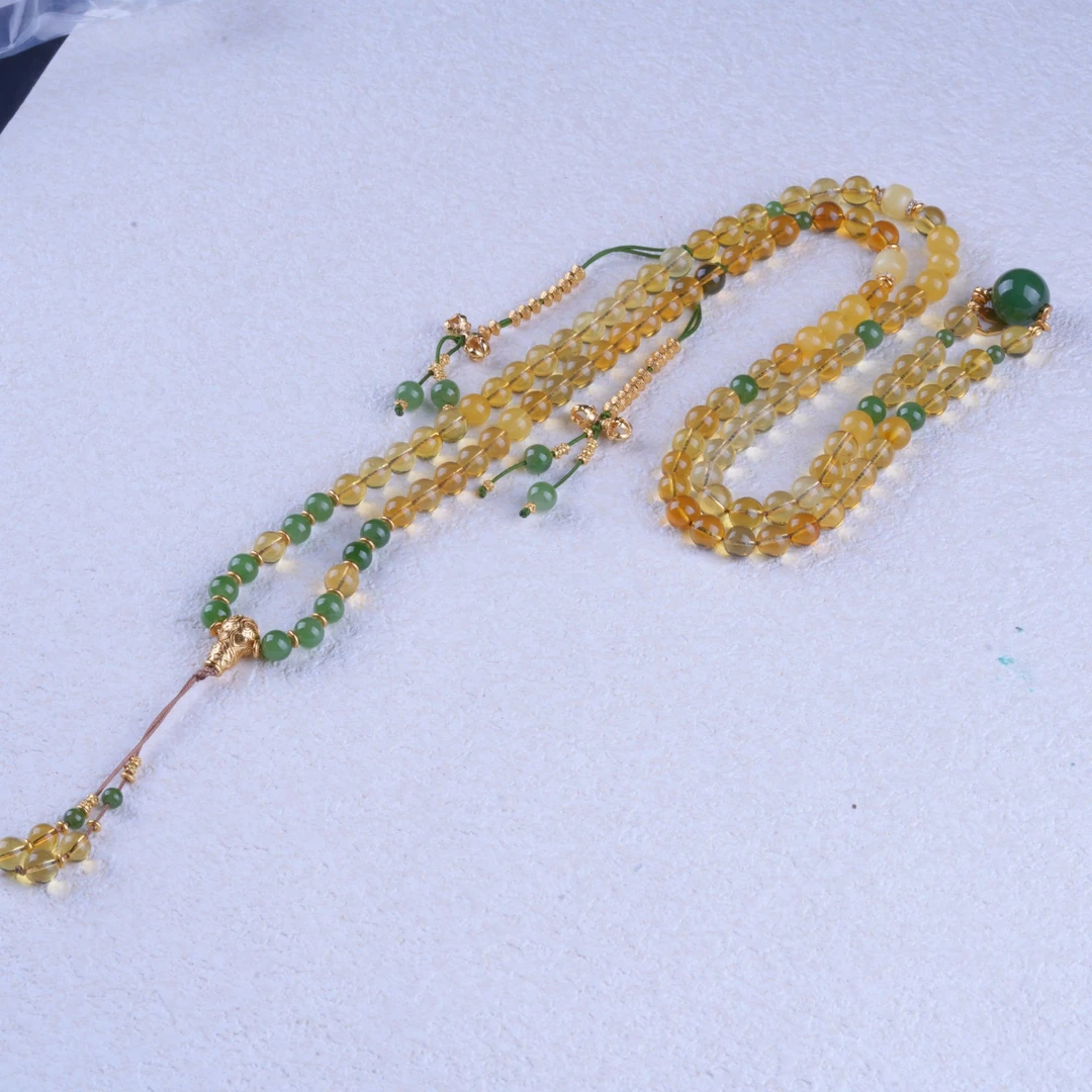 缅甸金蓝珀6m+顶珠碧玉11m+银配饰DIY项链