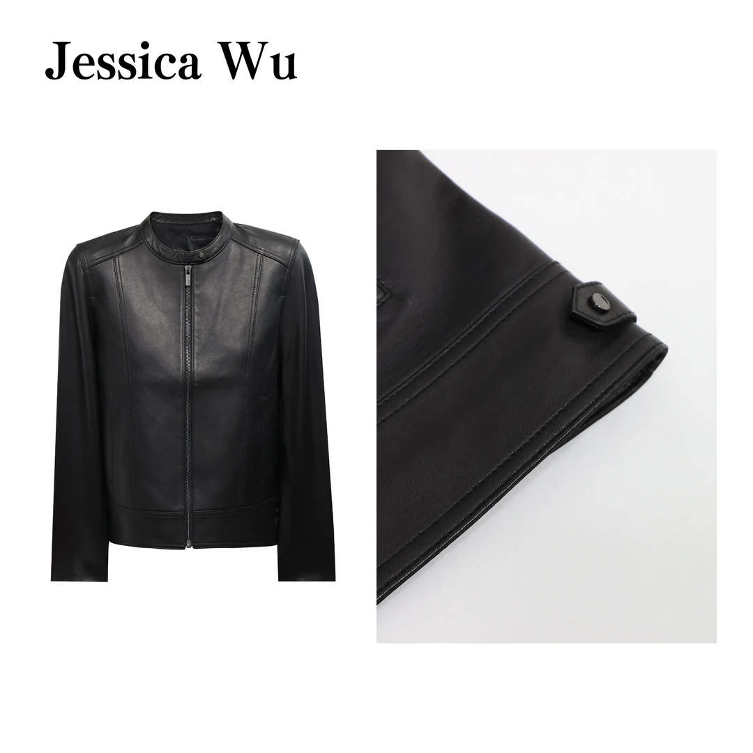 JESSICA WU墨曜系列绵羊皮利落短款剪裁立领拉链外套2527707006