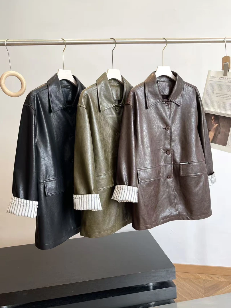 B皮质巨软！高智风中长款翻领小宽松皮衣外套 D360 女装 H7044