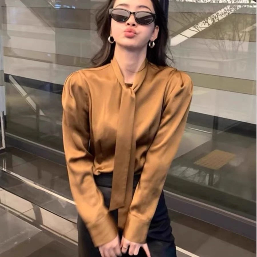 2025春季新款法式气质醋酸缎面飘带衬衣女高级感时尚内搭衬衫上衣