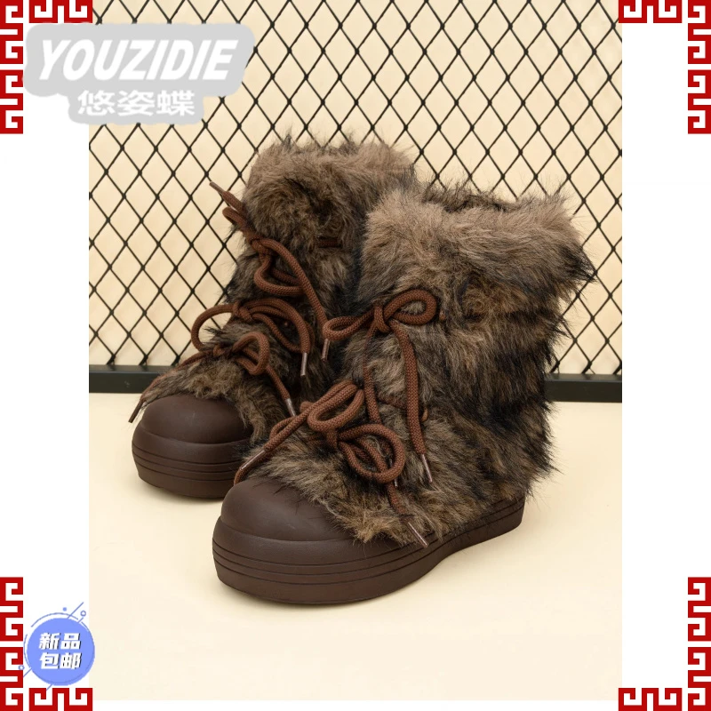 YOUZIDIE4cm厚底毛毛雪地靴女2025冬季加绒保暖系带短靴