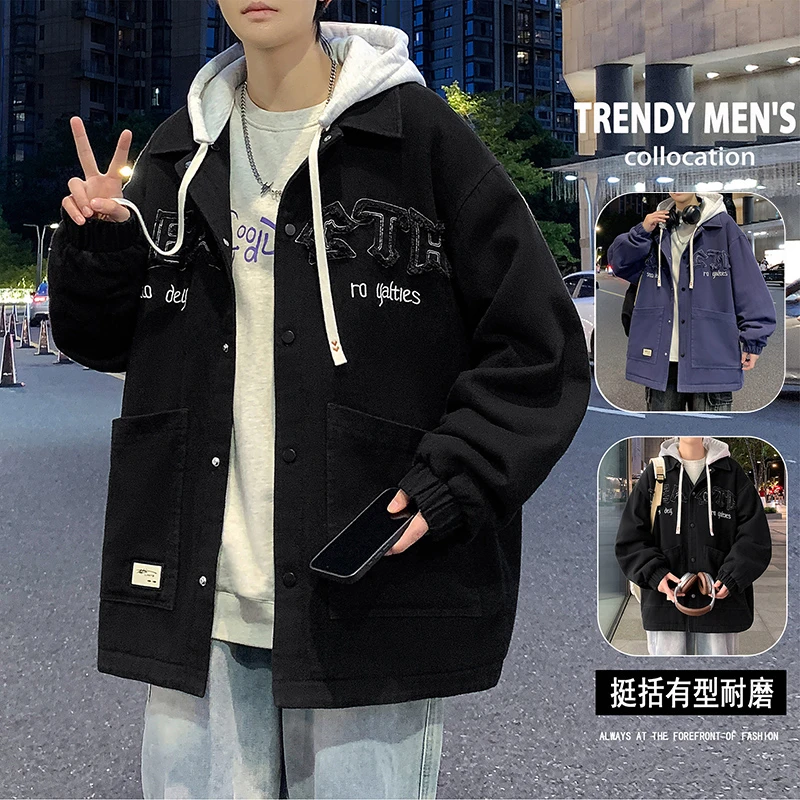 秋季新款青少年高品质连帽牛仔夹克字母提花设计宽松有型韩系外套
