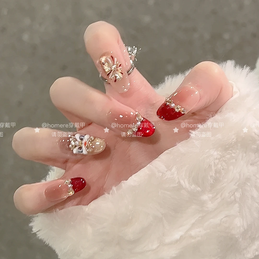 【醒狮闹春】爆闪带钻猫眼款气质纯手工中长款穿戴甲高级感满满