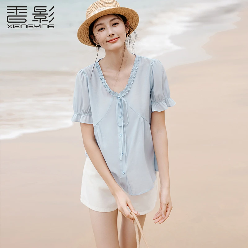 粉丝专享C65S571衬衫 香影衬衫上衣女短袖夏季新款正肩衬衣