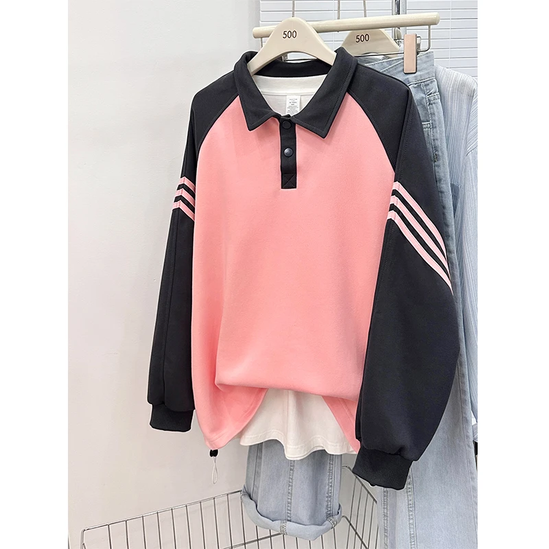 插肩袖POLO衫卫衣女秋冬新款潮牌宽松大码设计感撞色条杠翻领上衣