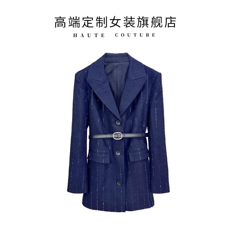 【SHIBO】赵丽颖同款气质女神高级感重工烫钻条纹腰带西服连衣裙