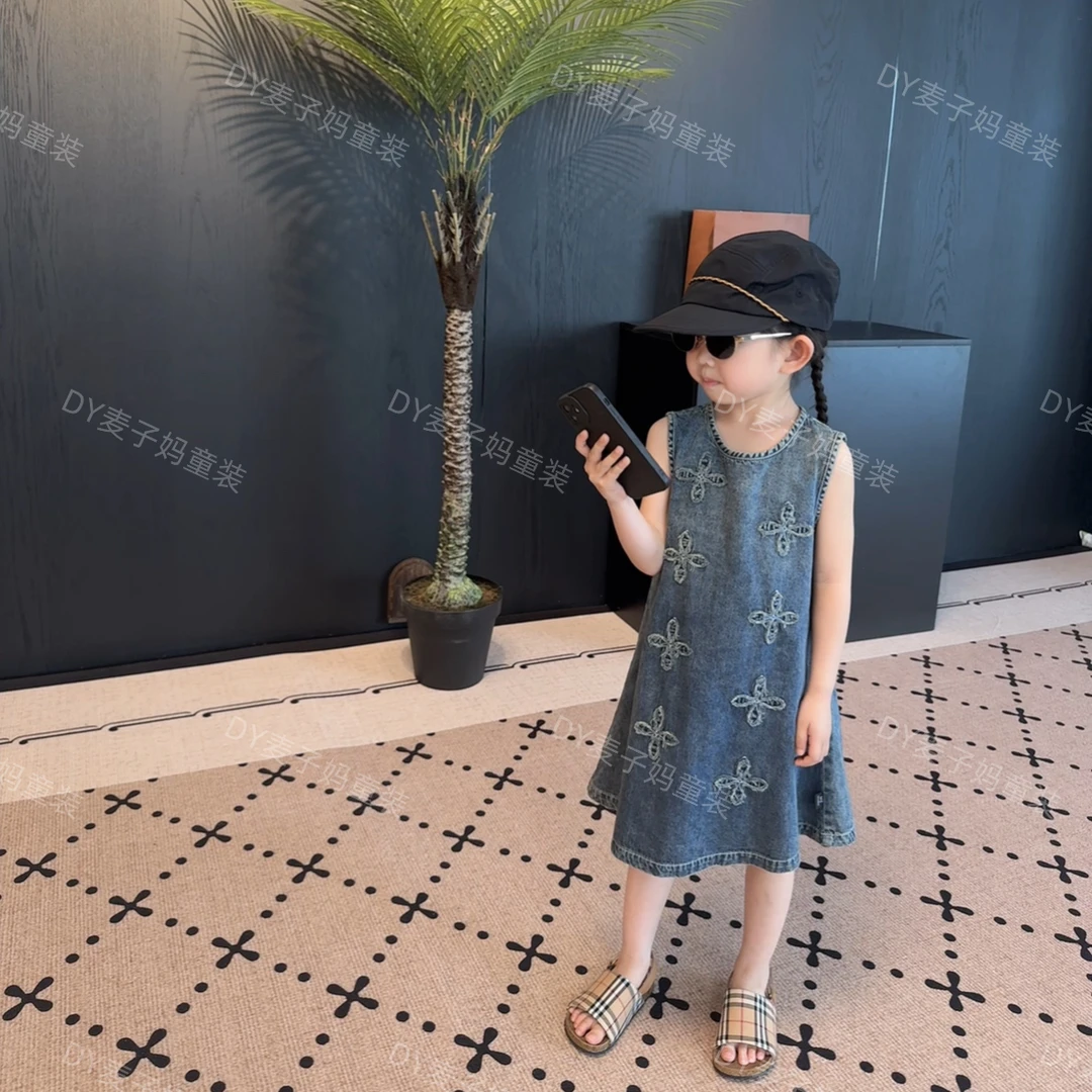 现货MZ.儿童夏季新款复古立体印花圆领无袖软牛仔连衣裙1772