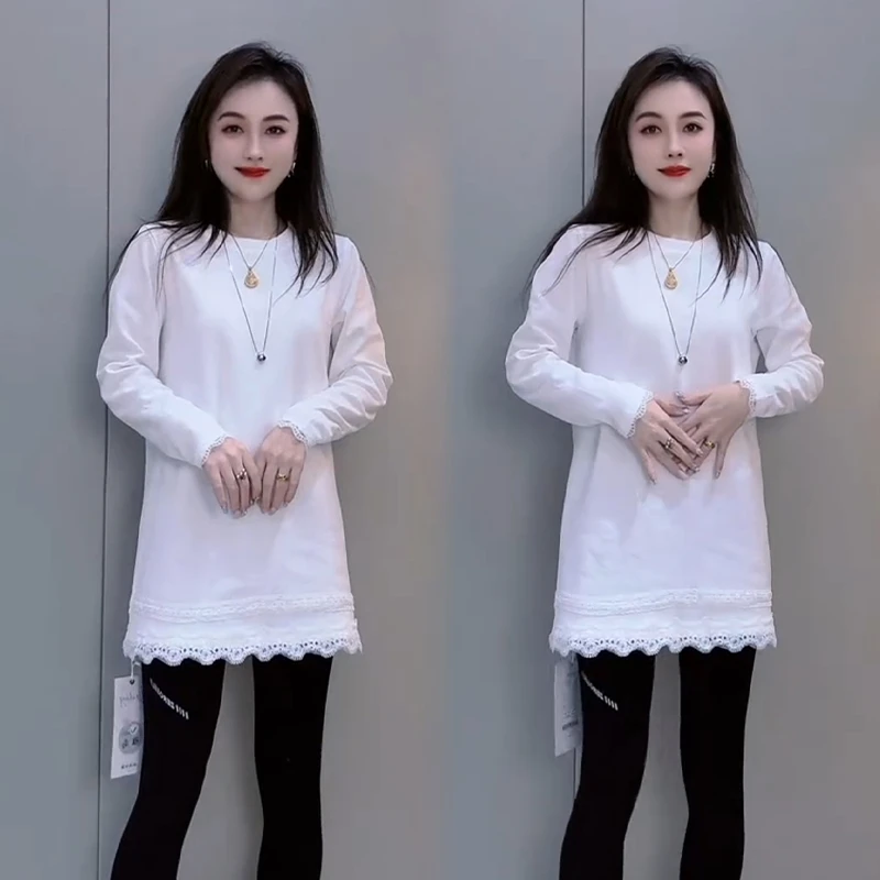 2025冬季新款T恤女法式长袖圆领纯色内搭T恤时尚拼接极简风打底衫