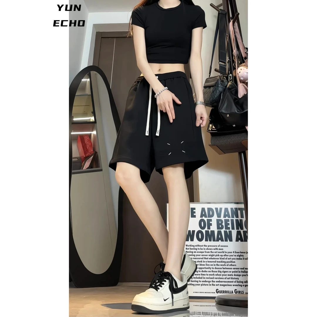 夏季纯色短裤男女潮流宽松休闲五分四角刺绣运动直筒短裤男短裤