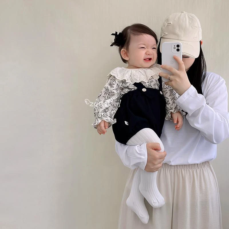 婴儿衣服秋装背带裤套装女宝宝超洋气韩版荷叶领上衣连体裤两件套