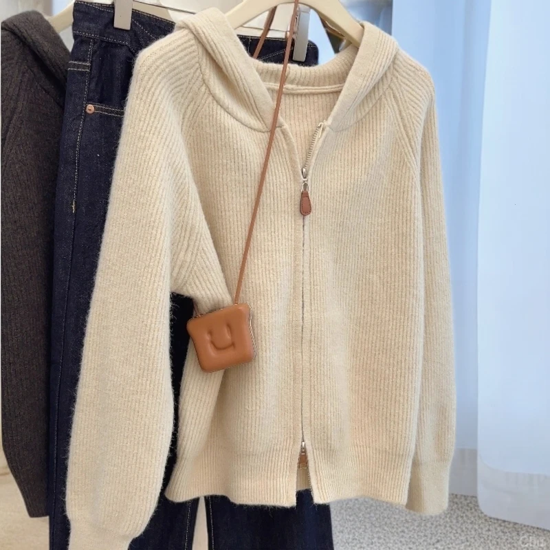 慵懒风软糯连帽衫毛衣2025秋冬新款韩版简约宽松显瘦女针织衫上衣