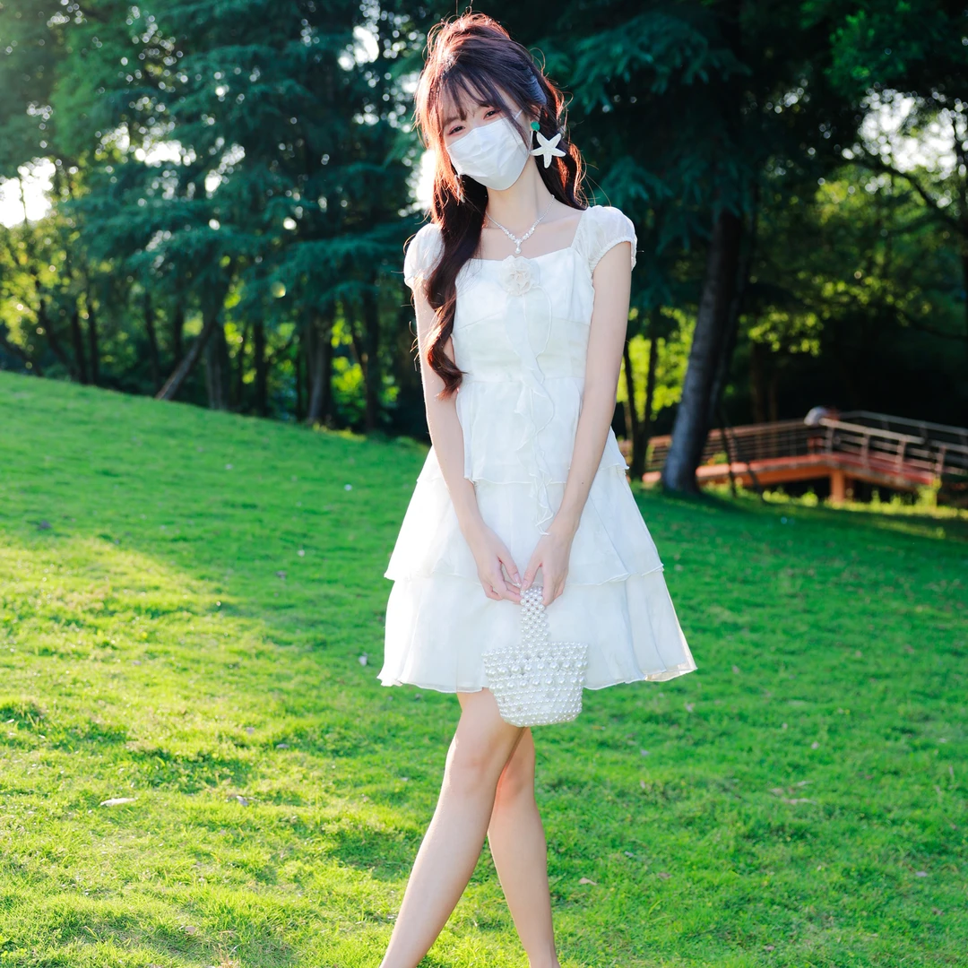 花崎鹿原创连衣裙淡花琉璃气质法式裙子公主蛋糕裙生日海边少女