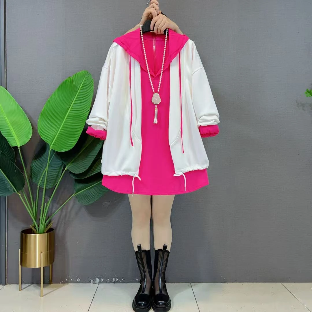 欧货时尚减龄套装女胖mm韩版糖果色连帽打底衫休闲上衣显瘦两件套