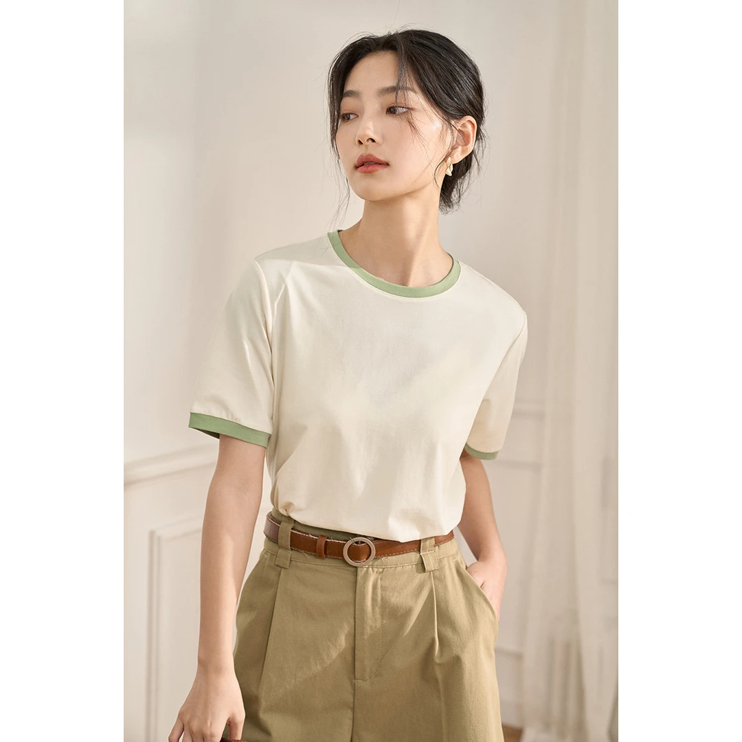 【重百百货】茵曼索罗娜撞边圆领T恤女减龄简约上衣K18525102